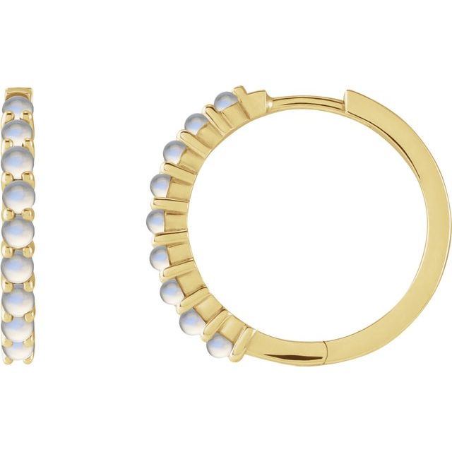 14K Yellow Gold Natural Rainbow Moonstone Cabochon Hinged 20 mm  Hoop Earrings