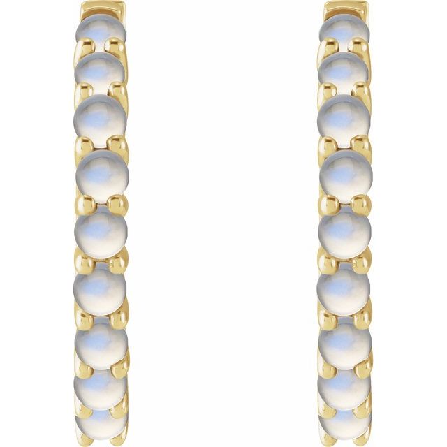 14K Yellow Gold Natural Rainbow Moonstone Cabochon Hinged 20 mm  Hoop Earrings