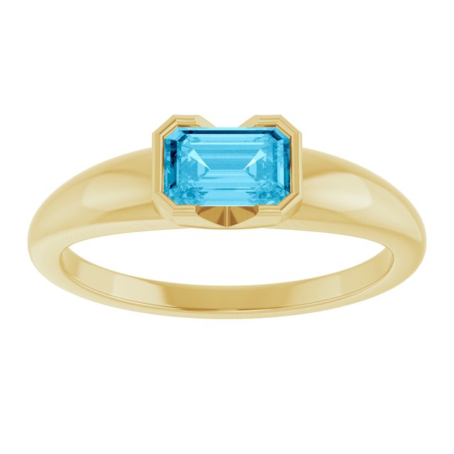 14K Yellow Gold Lab-Grown Aqua Sapphire Half-Bezel Solitaire Ring