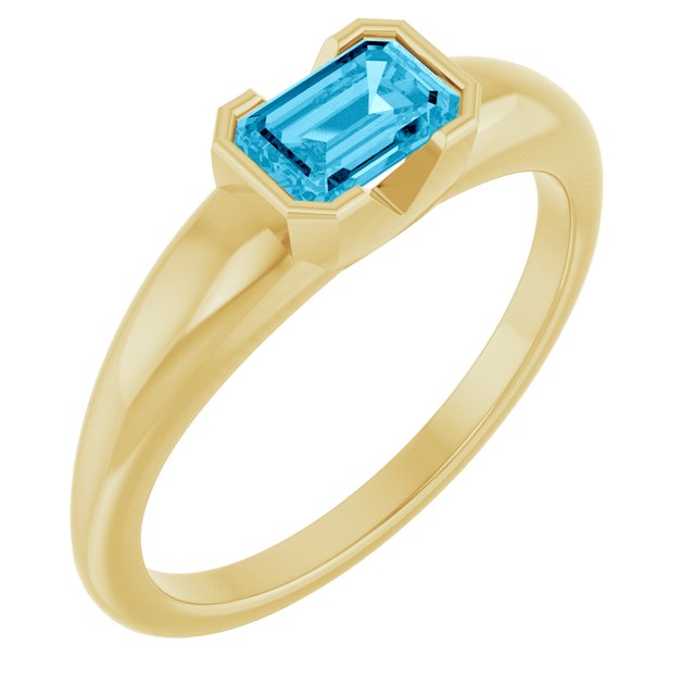 14K Yellow Gold Lab-Grown Aqua Sapphire Half-Bezel Solitaire Ring
