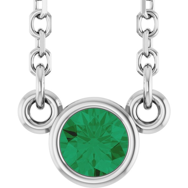 14K White Gold Lab-Grown Emerald Youth Birthstone 15" Necklace