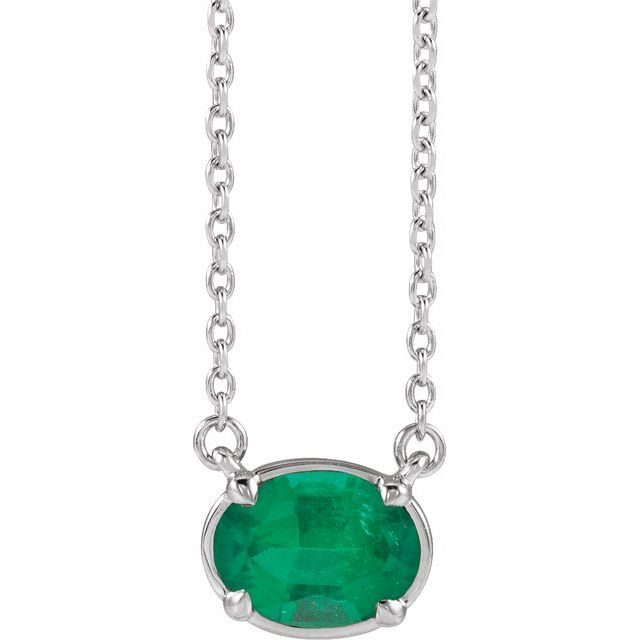 10K White Gold Lab-Grown Emerald Claw-Prong Bezel-Style 18" Necklace