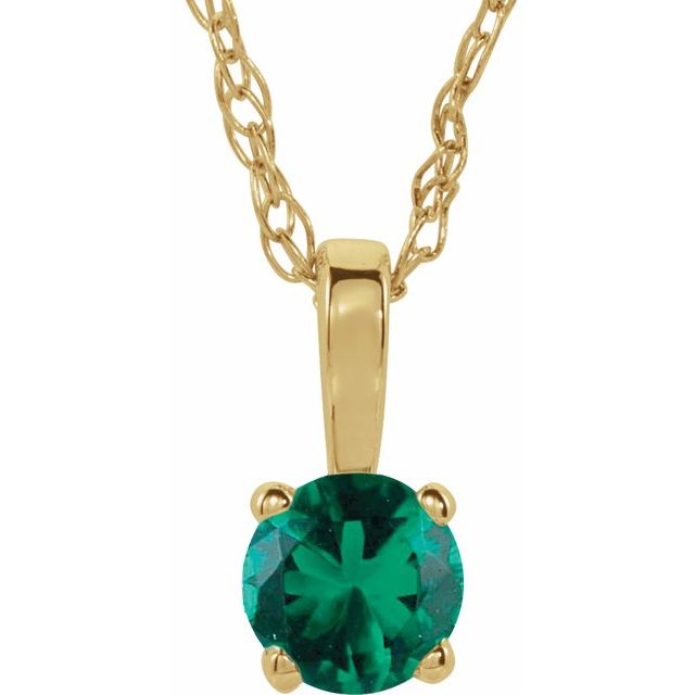 14K Yellow Gold 3 mm Imitation Emerald Youth Solitaire 14" Necklace