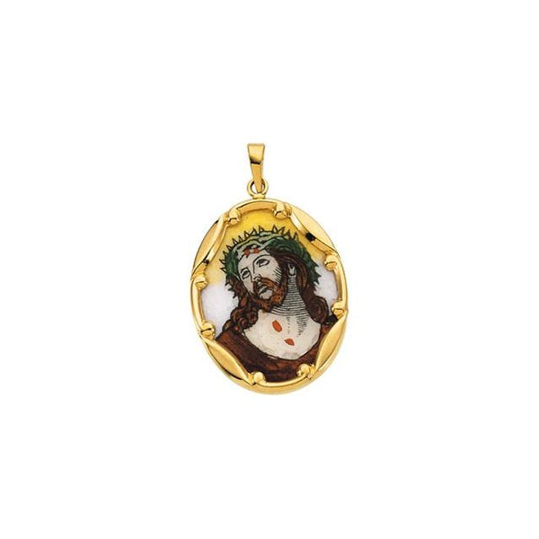 14K Yellow Gold 25x19.5 mm Face of Jesus Hand-Painted Porcelain Medal