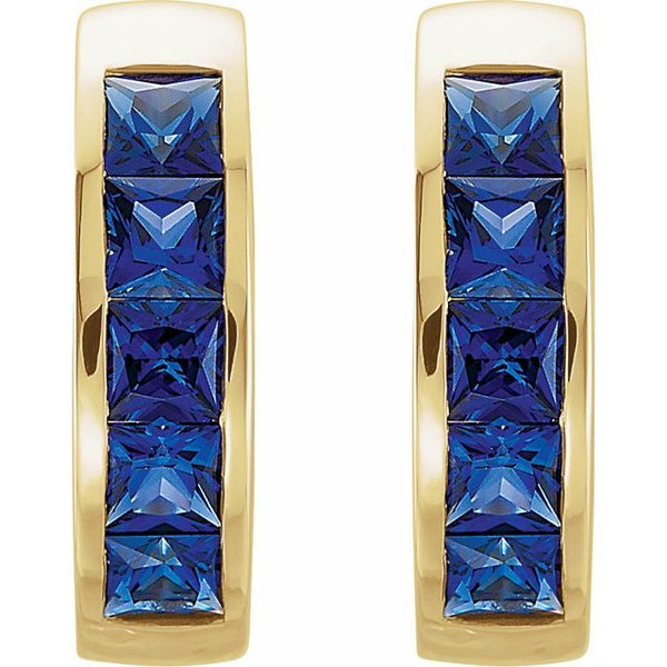 14K Yellow Gold Lab-Grown Blue Sapphire Hoop Earrings 