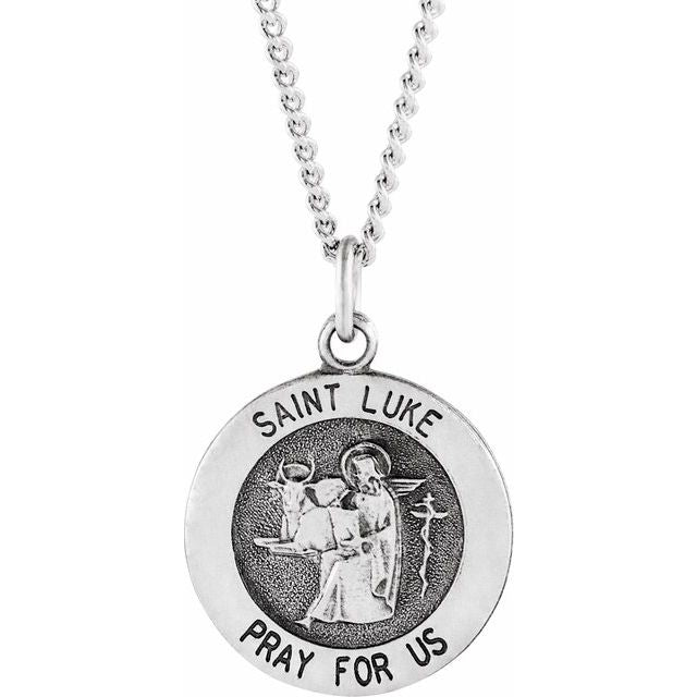 Sterling Silver 18 mm Round St. Luke Medal 18" Necklace 