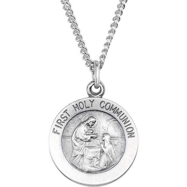 Sterling Silver 15 mm First Communion Medal 18" Necklace