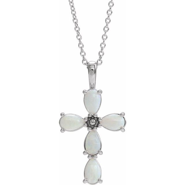 14K White Gold Natural White Opal Cabochon Cross 16-18" Necklace