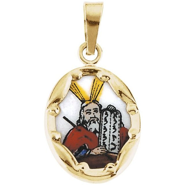 14K Yellow Gold 13x10 mm Moses Hand-Painted Porcelain Medal