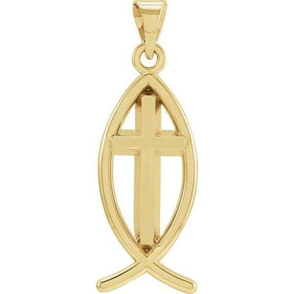 14K Yellow Gold 14x6 mm Ichthus with Cross Pendant